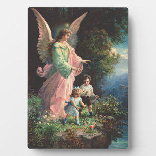 Guardian angel protecting children near a ledge plaque