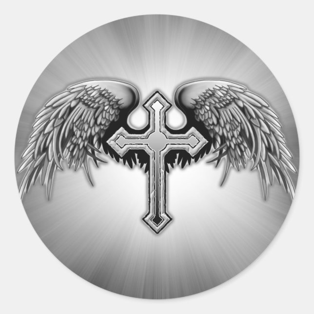 Guardian Angel Winged Cross Design Classic Round Sticker (Front)