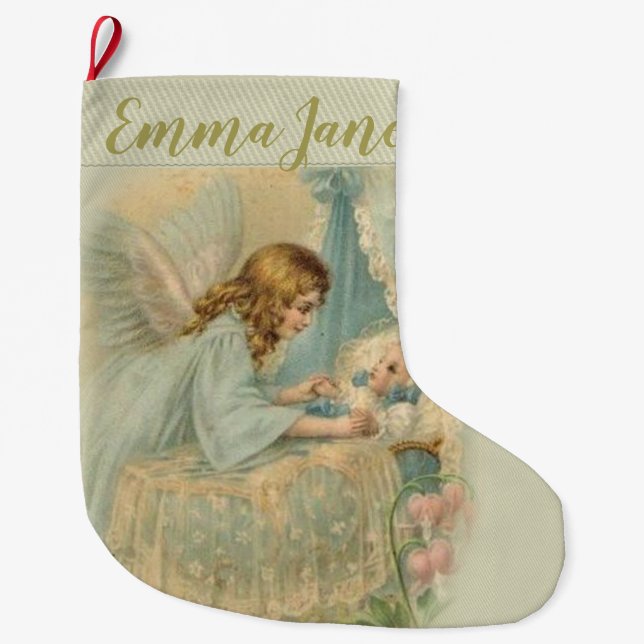 Guardian Angel with baby in cradle Large Christmas Stocking (Front)