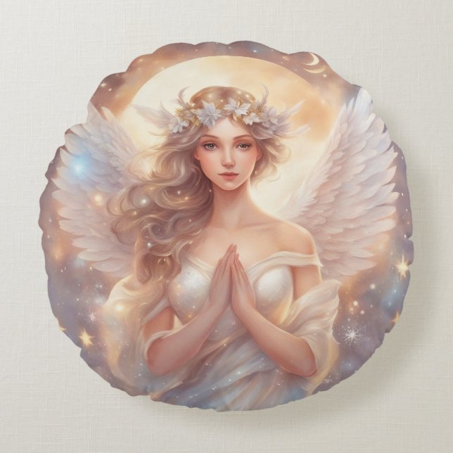 guardian angels, pastel paintings round cushion (Front)