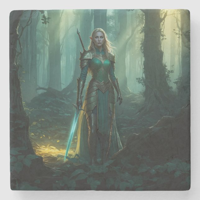 Guardian Elf of the Enchanted Realm Stone Coaster (Front)