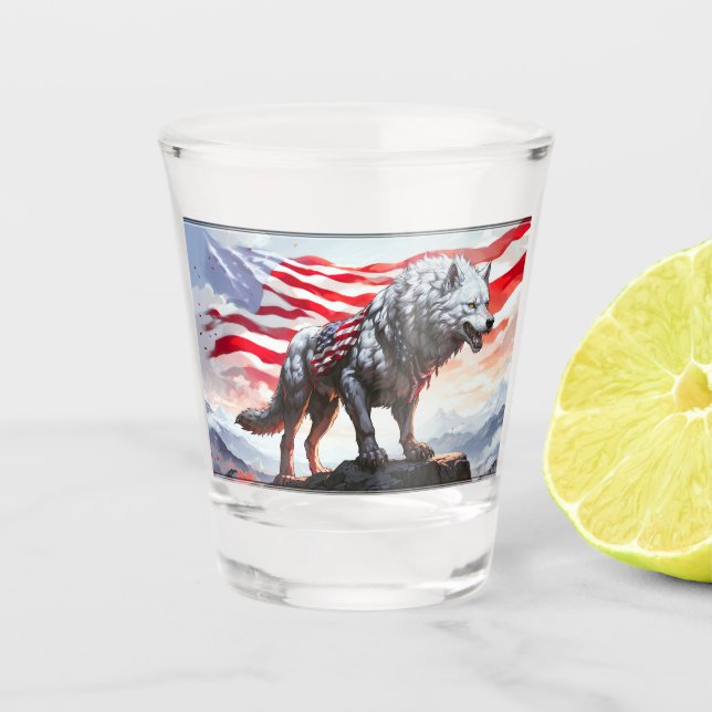 "Guardian of Freedom: The Patriotic Wolf" Shot Glass (Front)