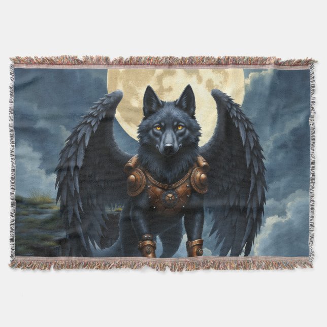 Guardian of the Moon – The Black Winged Wolf Throw Blanket (Front)