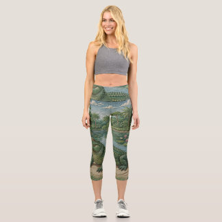 Guardian of the Wetlands: Embroidered Crocodile Capri Leggings