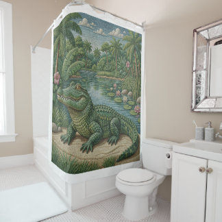 Guardian of the Wetlands: Embroidered Crocodile Shower Curtain