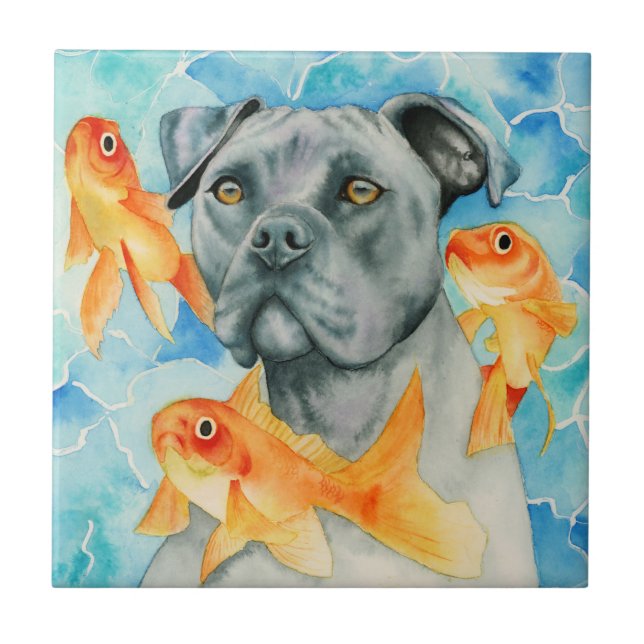 Guardian | Pit Bull Dog and Goldfishes Watercolor Tile (Front)