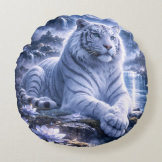 Guardian White Tiger – Silent Strength and Gentle  Round Cushion