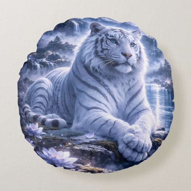 Guardian White Tiger – Silent Strength and Gentle  Round Cushion (Front)