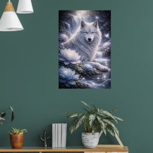 Guardian White Wolf Under the Moon Poster