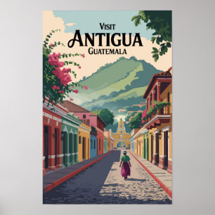 Guatemala Antigua Illustration Travel Art Vintage Poster