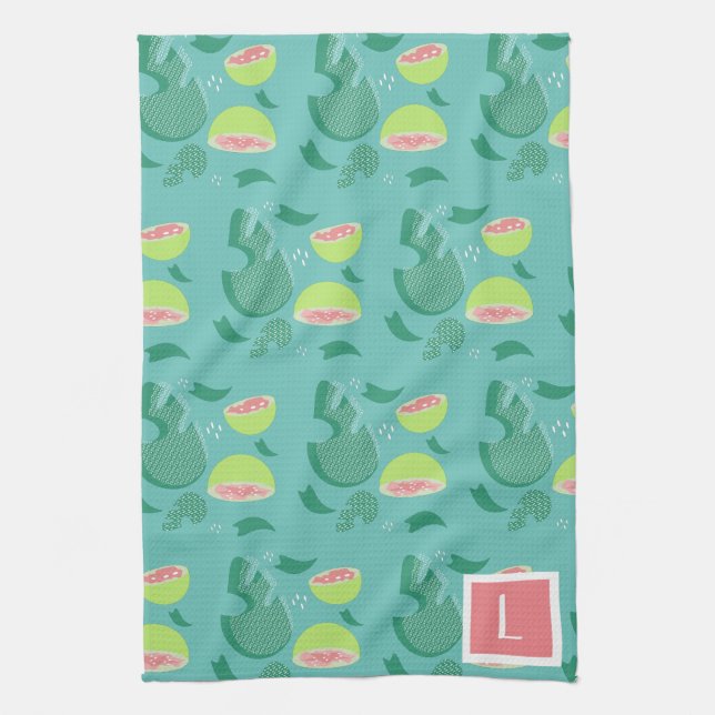 Guava Greenery Pink Green Fruit Pattern Tea Towel (Vertical)