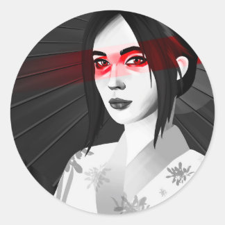Gueisha in black and white kimono with red eye classic round sticker