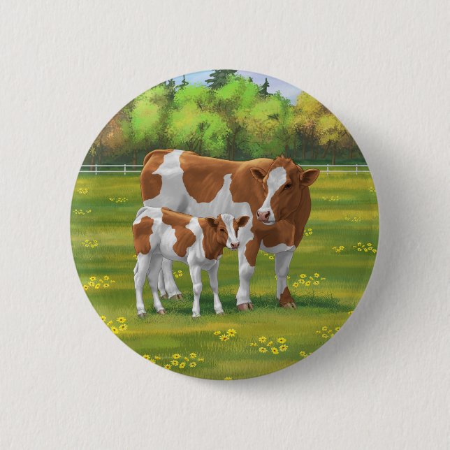 Guernsey Cow & Cute Calf in Summer Pasture 6 Cm Round Badge (Front)