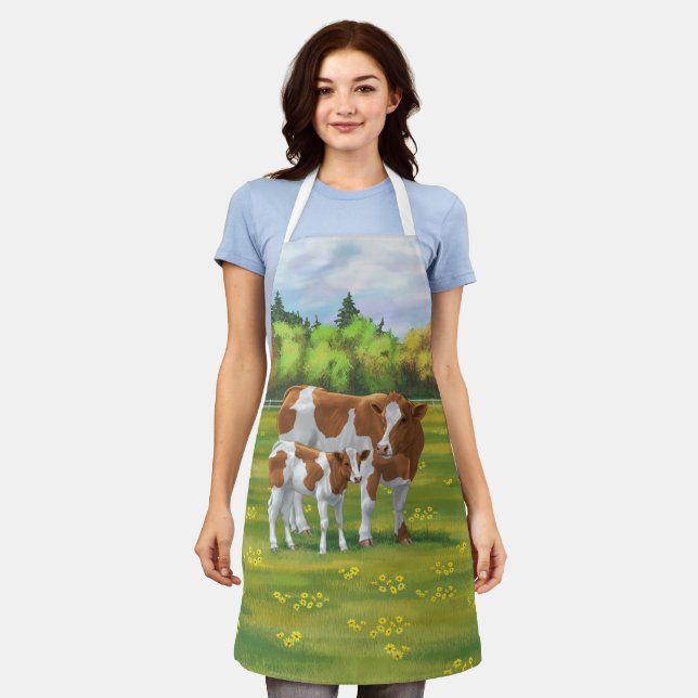 Guernsey Cow & Cute Calf in Summer Pasture Apron (Worn)