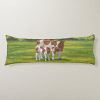 Guernsey Cow & Cute Calf in Summer Pasture