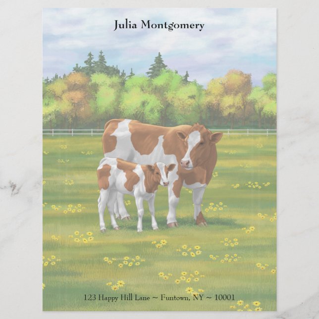 Guernsey Cow & Cute Calf in Summer Pasture Custom Letterhead (Front)