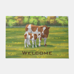 Guernsey Cow & Cute Calf in Summer Pasture Doormat