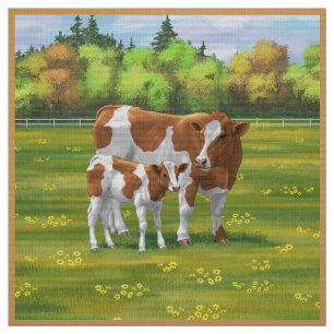 Guernsey Cow & Cute Calf in Summer Pasture Fabric
