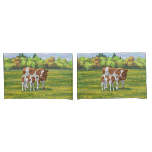 Guernsey Cow & Cute Calf in Summer Pasture Pillowcase