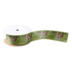 Guernsey Cow & Cute Calf in Summer Pasture Satin Ribbon