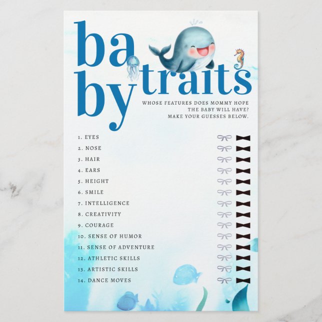 Guess Baby Features Shower Game Cute Blue Whale Flyer (Front)