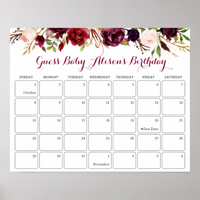 Guess Baby's Birthday Baby Shower Burgundy Floral Poster (Front)