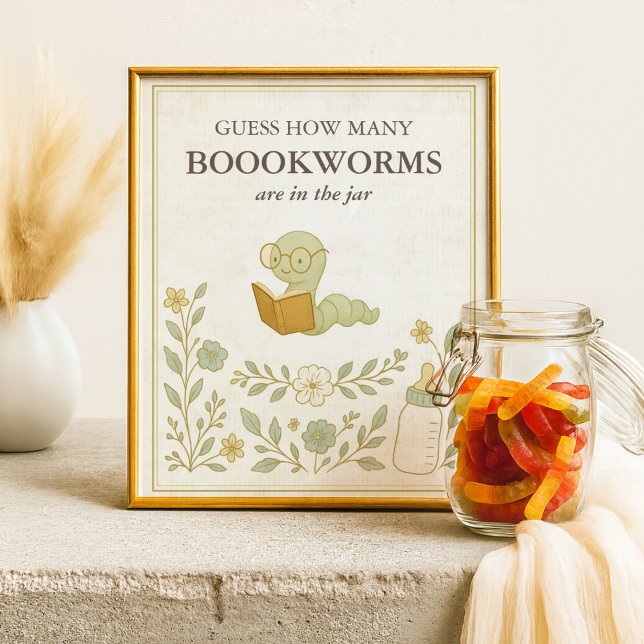 Guess How Many Bookworms Storybook Baby Shower Poster (Guess How many Bookworms are in the jar Storybook Baby Shower Sign, Our next chapter, Book Themed)