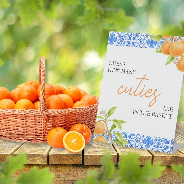 Guess How Many Cuties | Baby Shower Game Pedestal Sign (Guess How Many Cuties are in the basket - baby shower guessing game)