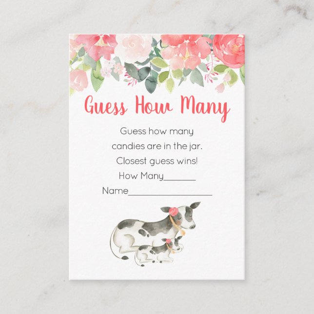 Guess How Many Floral Cow Baby Shower Game Enclosure Card (Front)