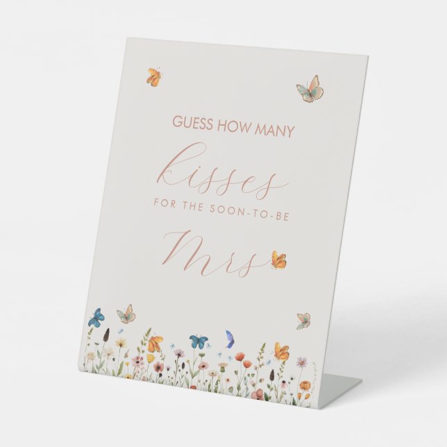 Guess How Many Kisses Bridal Shower Butterfly Game Pedestal Sign (Front)