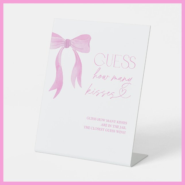 Guess How Many Kisses Pink Bow Bridal Shower Pedestal Sign (Creator Uploaded)