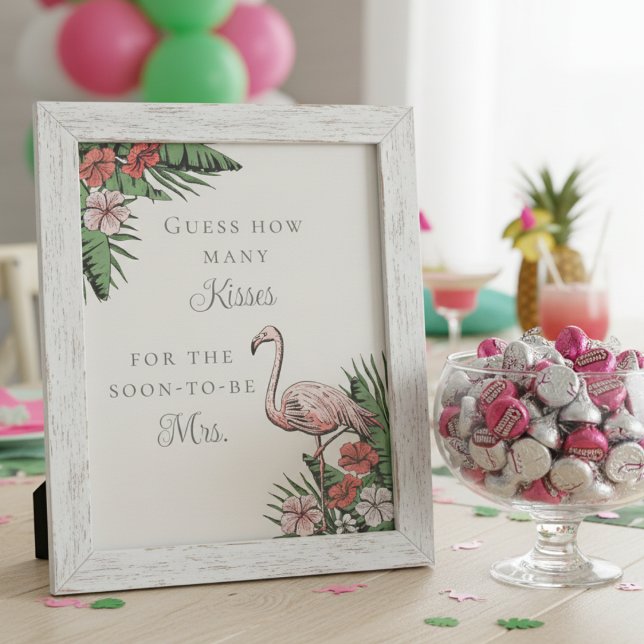 Guess How Many Kisses Tropical Bridal Shower Poster (How Many Kisses for the Soon To Be Mrs Tropical Bridal Shower Poster. Pink Flamingo, Hibiscus Flower)