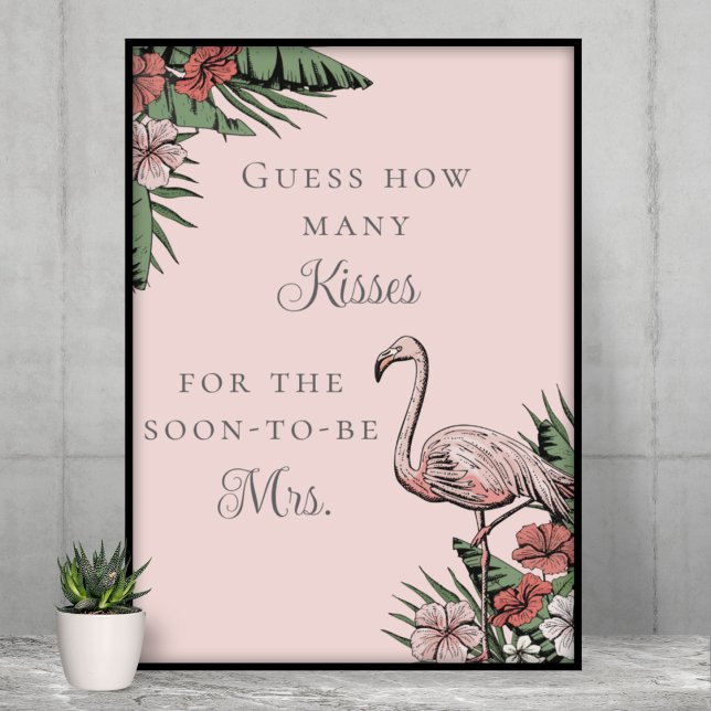 Guess How Many Kisses Tropical Bridal Shower Poster (Elegant Tropical Flamingo Bridal Shower Guess How Many Kisses Game. Pink Flamingo, Banana Leaves)