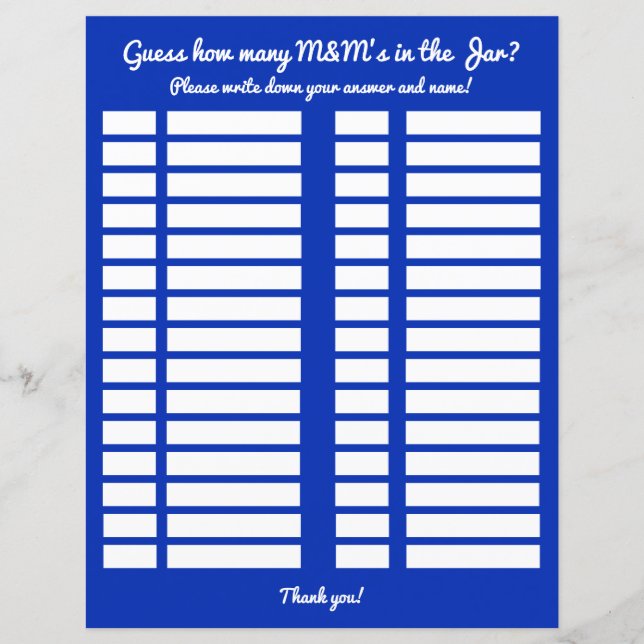 Guess How Many M&M's in the Jar Baby Shower Log (Front)