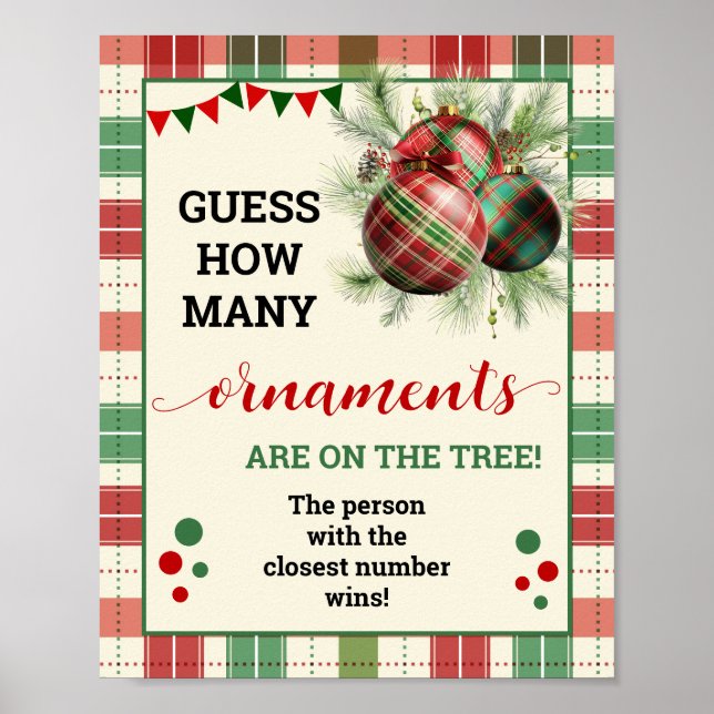 Guess How Many Ornaments Game Christmas Plaid Sign (Front)