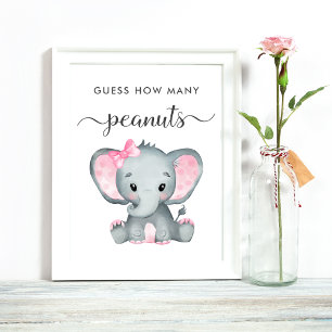 Guess How Many Peanuts Elephant Baby Girl Shower Poster