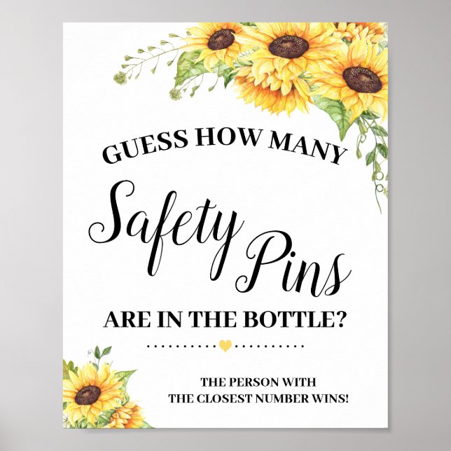 Guess how many Safety Pins game sign Baby shower (Front)