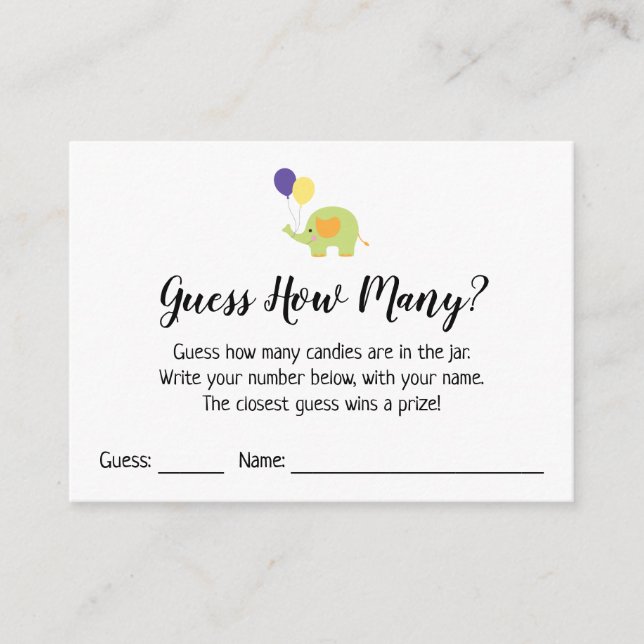Guess How Many? White w/ Cute Elephant Game Card (Front)