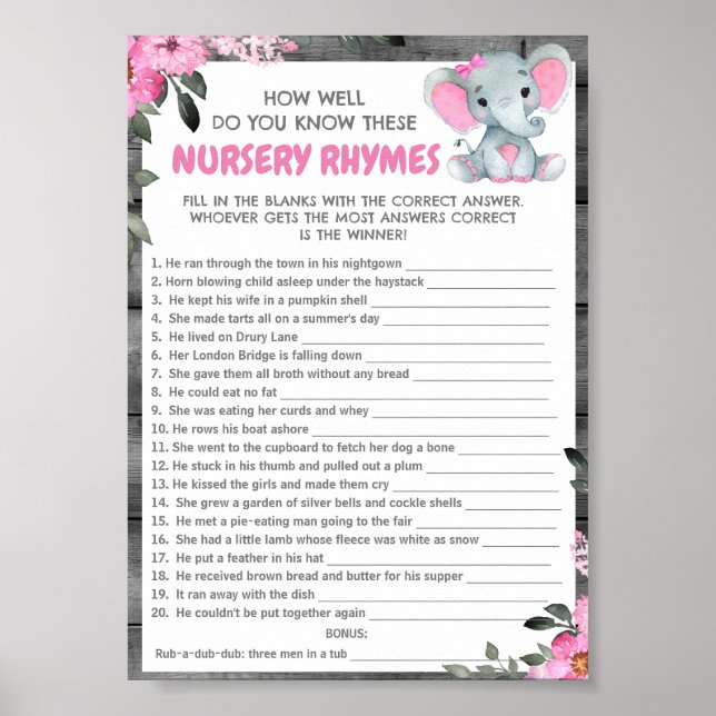 Guess Nursery Rhymes Girl Elephant Shower Game  Poster (Front)