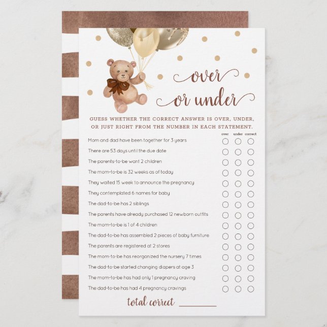 Guess Over or Under Game Baby Shower Teddy Bear  (Front/Back)