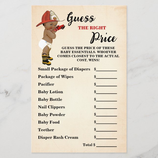 Guess Right Price AA Firefighter Baby Shower Game Flyer (Front)