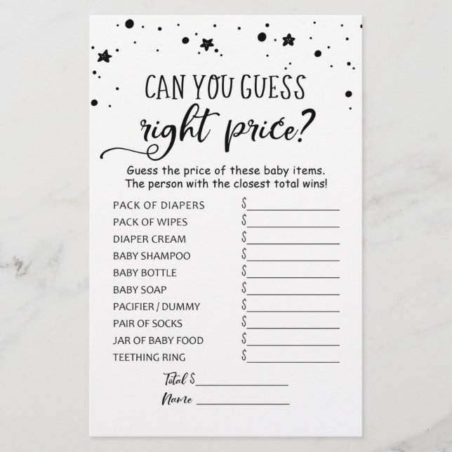 Guess right price Game Baby Shower Party game (Front)
