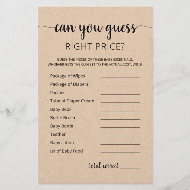 Guess right price game Baby Shower party game (Front)