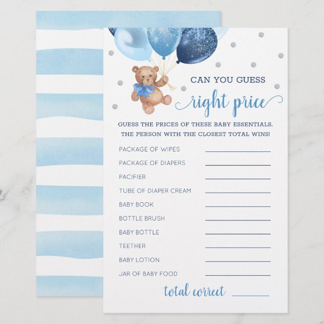 Guess Right Price Game Baby Shower Teddy Bear  (Front/Back)