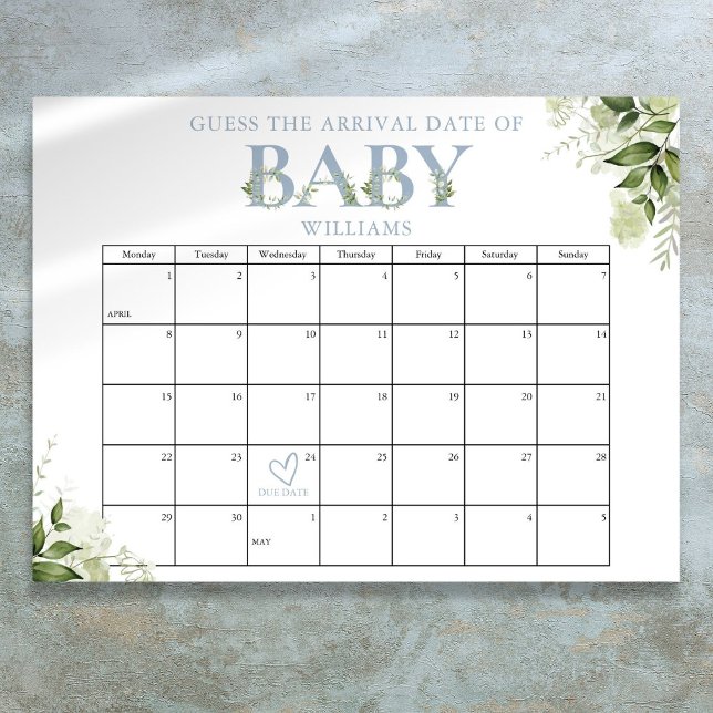 Guess The Arrival Date Greenery Blue Baby Shower Poster (Guess The Arrival Date Greenery Blue Baby Shower Poster)
