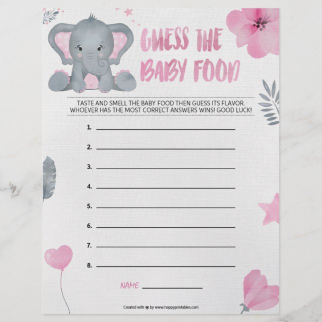 Guess The Baby Food [Baby Elephant [Pink]] Custom Letterhead (Front)