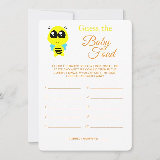 Guess the Baby Food | Baby Shower Bee Game Card (Front)