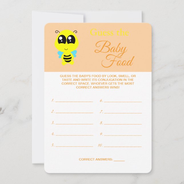 Guess the Baby Food | Baby Shower Bee Game Card (Front)