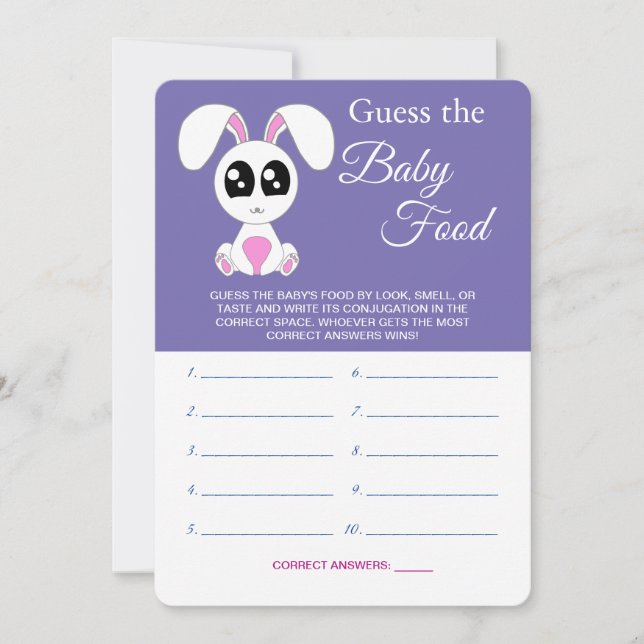 Guess the Baby Food, Baby Shower, Rabbit Game Card (Front)