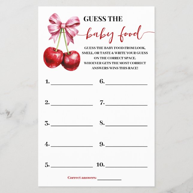 Guess the Baby Food Cherry Baby Shower Game Card (Front)